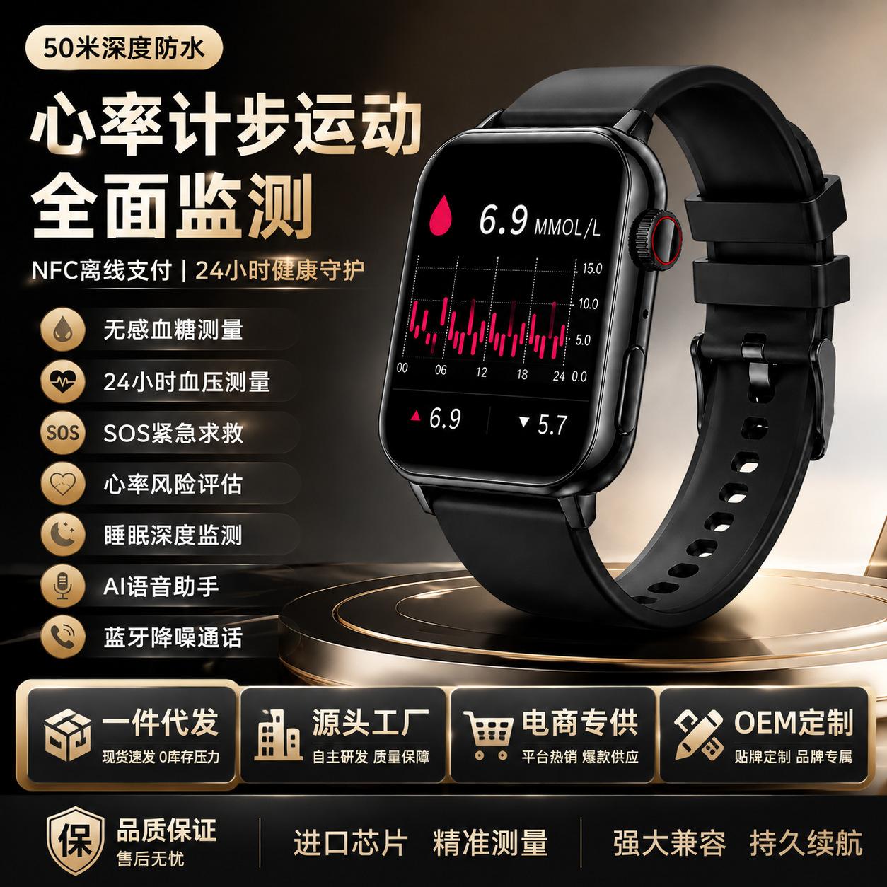 New 50m Deeply Waterproof Swimming-Grade Smartwatch for Blood Sugar, Blood Pressure, Uric Acid, Blood Lipids, Blood Oxygen, Heart Rate, and Sports Monitoring