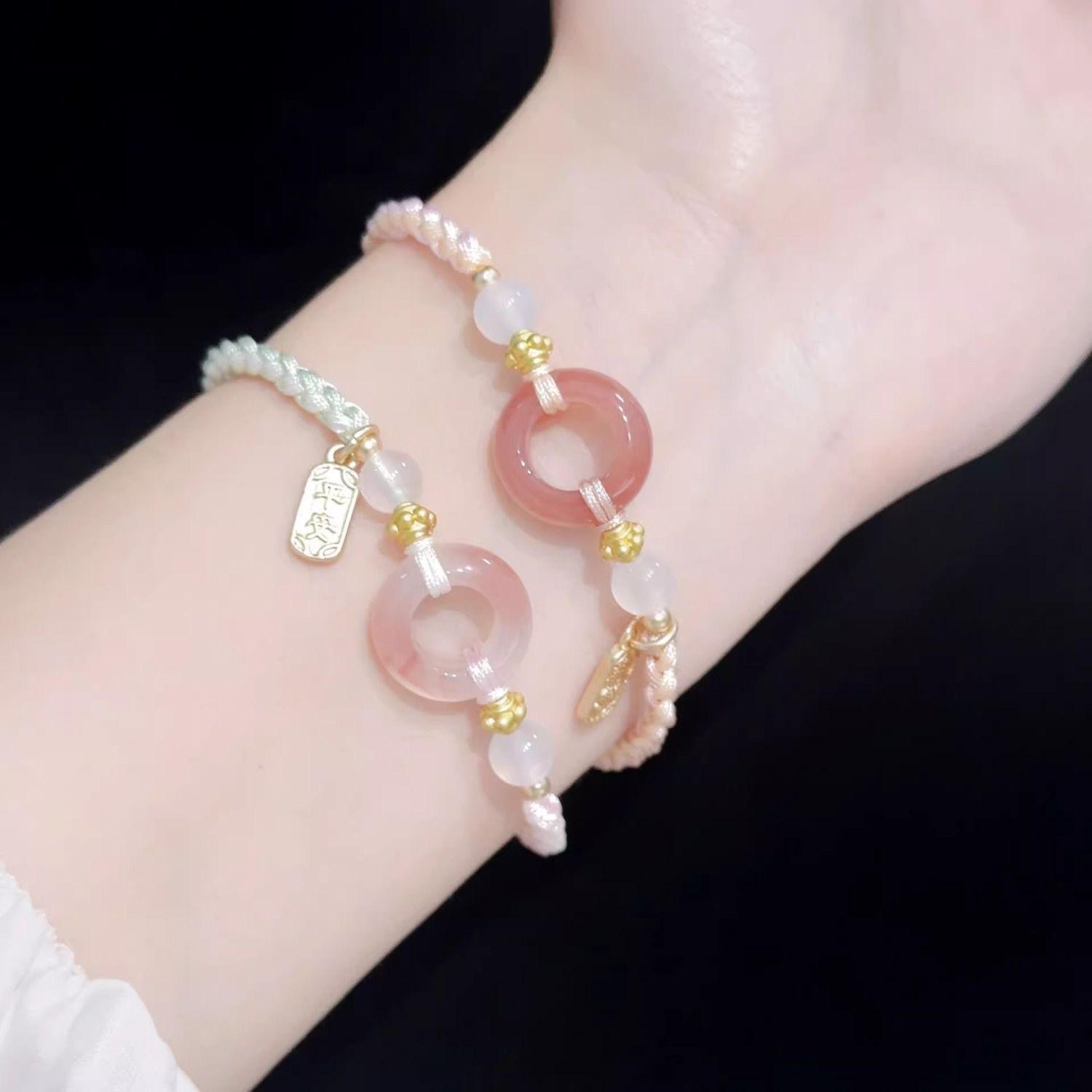 New Chinese national style bracelet pink peach blossom safety buckle bracelet girlfriends two woven girl accessories
