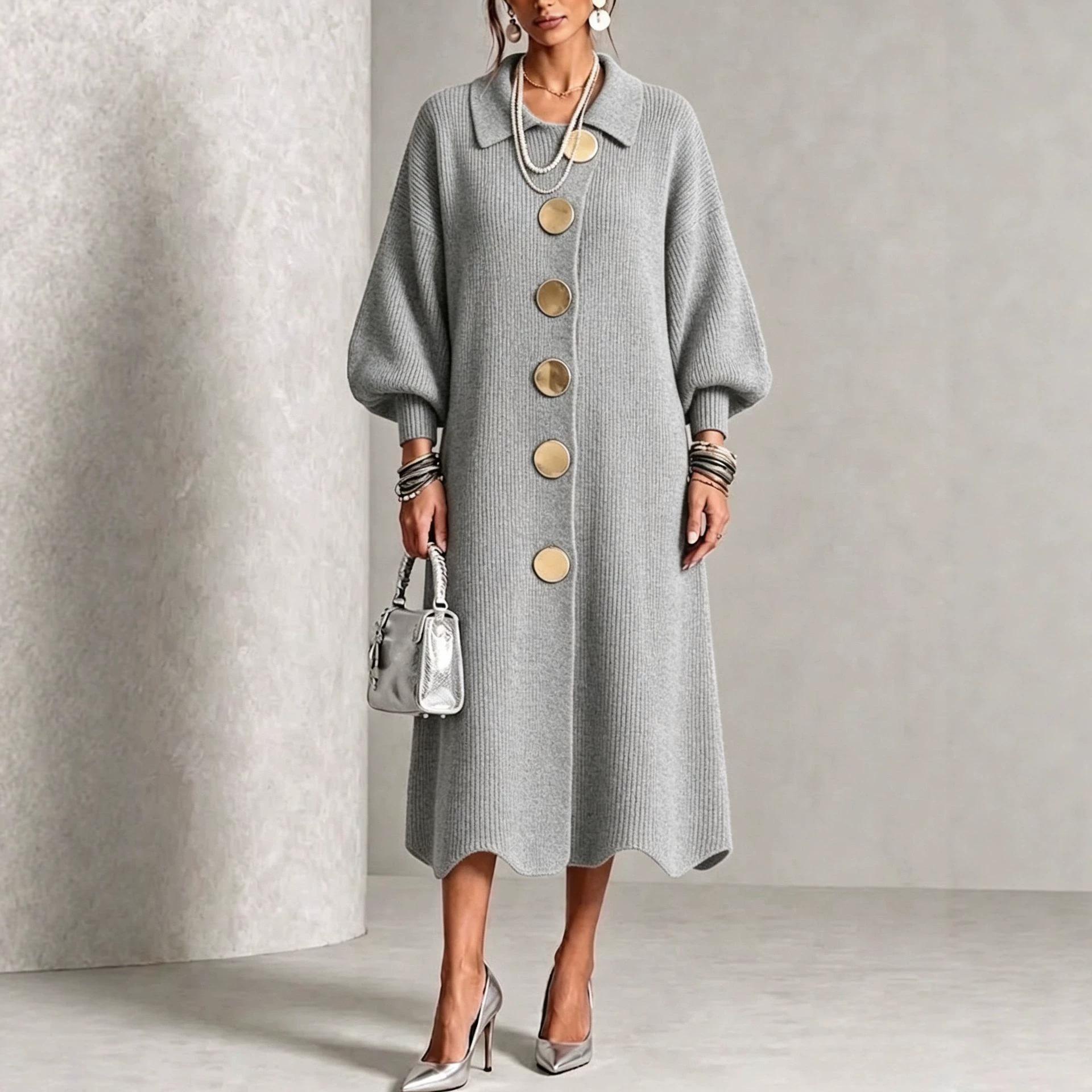 2026 European and American cross-border knitted dress with metal buttons, new autumn/winter collection, solid color, casual, fashionable, and versatile