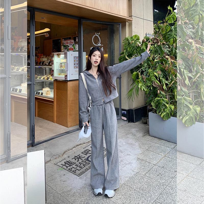 Petite Hooded Short Long-Sleeve Sweatshirt Jacket with Wide-Leg Pants Women's Autumn 2024 Set Socialite Style Outfit