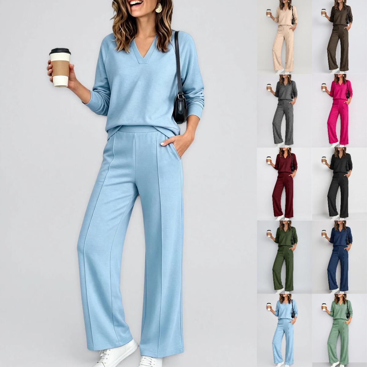 2026 European and American cross-border Amazon women's fashion sportswear solid color V-neck long-sleeve sweatshirt casual pants set
