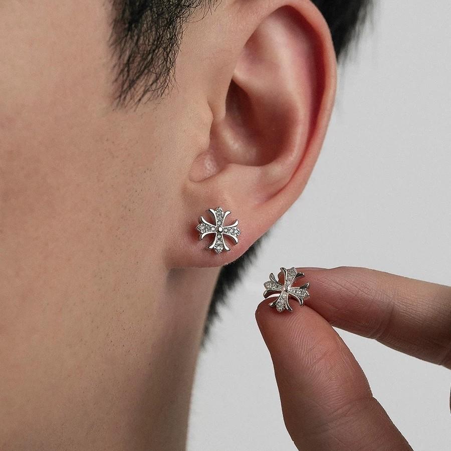 Iris Flower Cross Zirconia Stud Earrings for Men, Light Luxury High-End Ear Clips, Fashionable Earrings for Women, Ins-Style Accessories