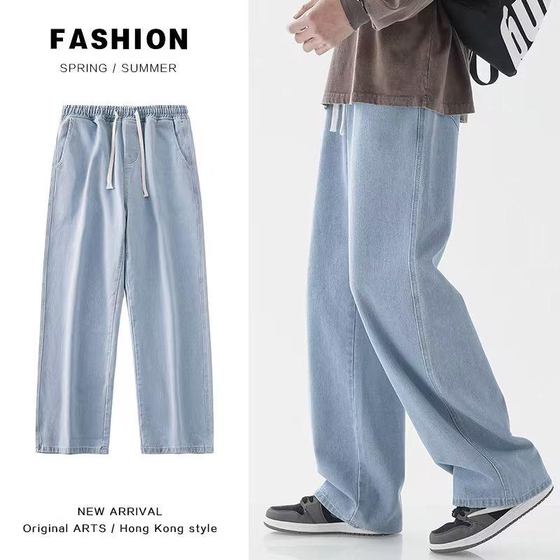 American High Street Retro Trendy Brand Straight Jeans for Men Summer Drawstring Elastic Waist Loose Casual Pants Cross-Border Foreign Trade