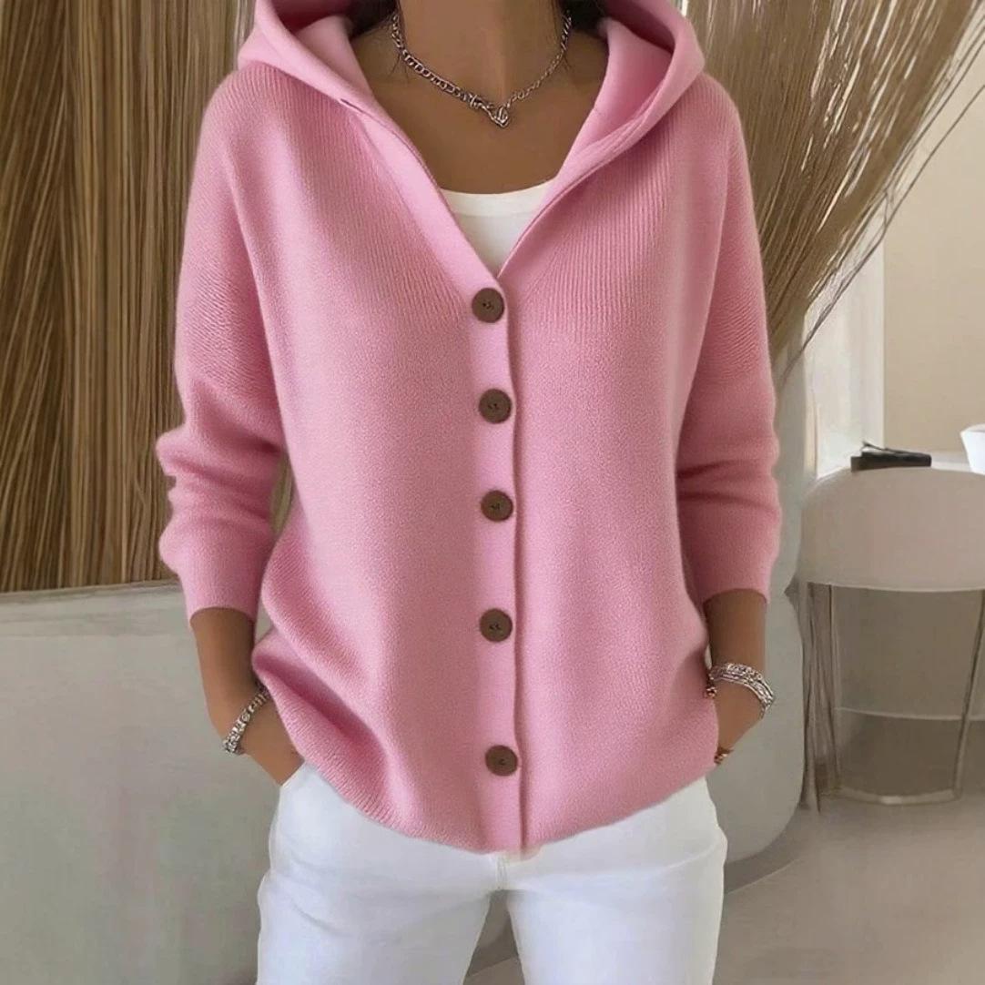 Cross-border women's clothing, European and American style, new autumn and winter hooded knitted cardigan for women, solid color casual fashion sweater jacket for women