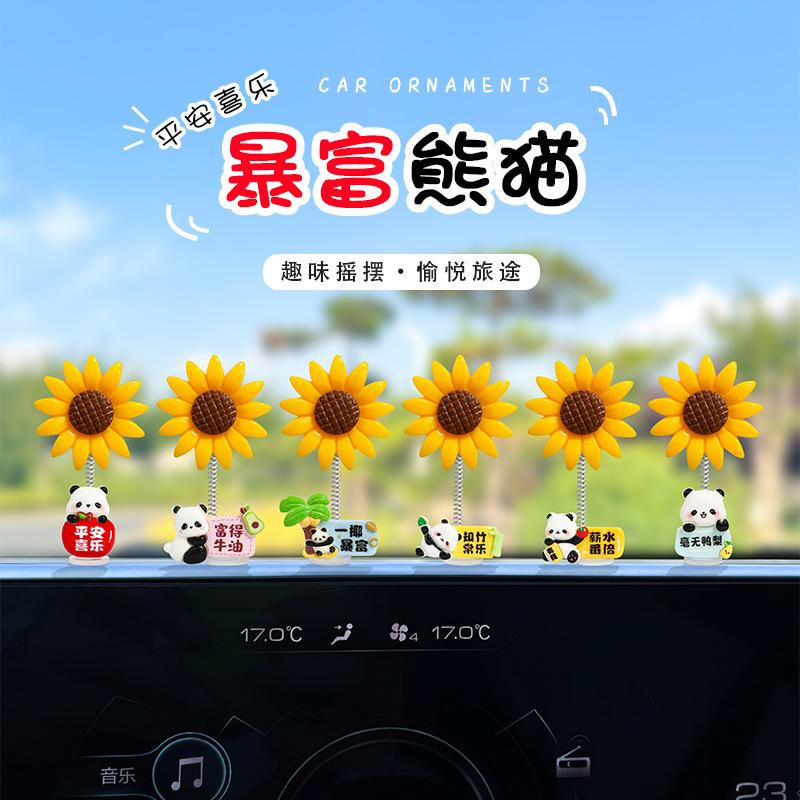 Cute Rich Panda Shaking Head Sunflower Car Ornaments Electric Car Interior Car Ornaments Desk Decoration