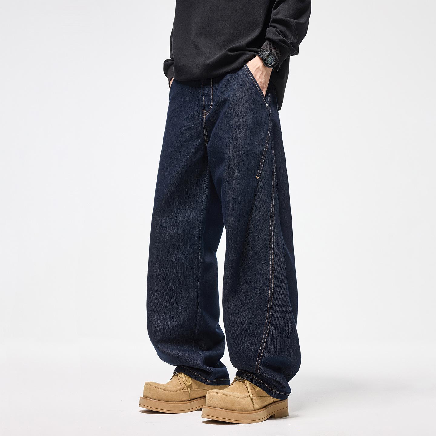 American Retro Trendy Brand Dark Blue Scimitar Jeans for Men 2026 New Style Trendy Loose Wide-Leg Casual Long Pants