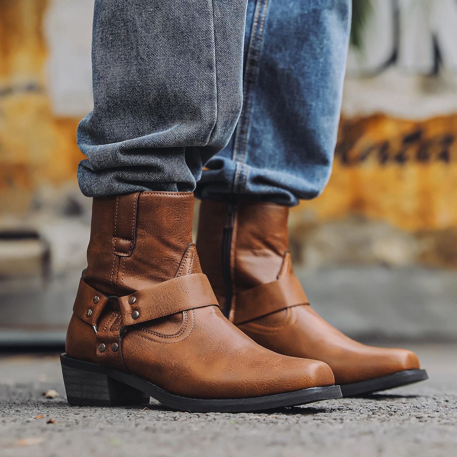 Aorixin Cross-Border 1034 Retro Short Boots Cowboy Boots Mid-Top Men's Boots with Rivets High-Heeled Western Boots Zipper Bag
