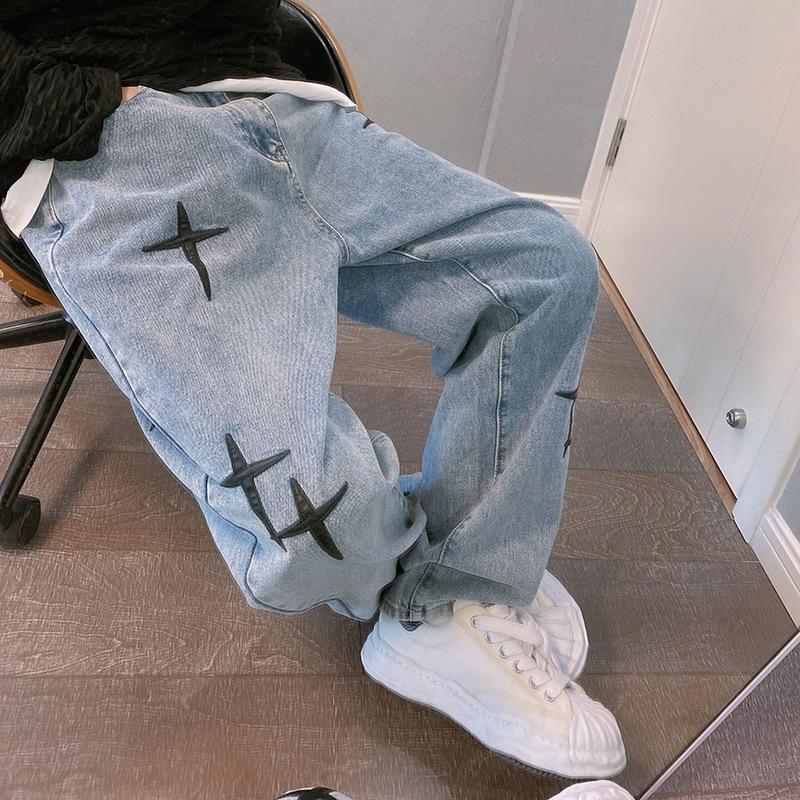 2025 Spring/Summer New Korean Style Trendy Casual Men's Cropped Pants Hong Kong Style Wide-Leg Jeans Men's Straight Loose Fit