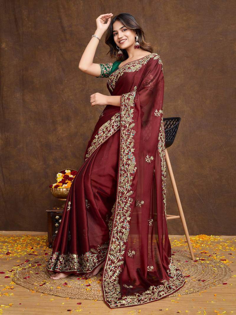 Maroon Saree With Embroidered Border & Green Blouse — 2