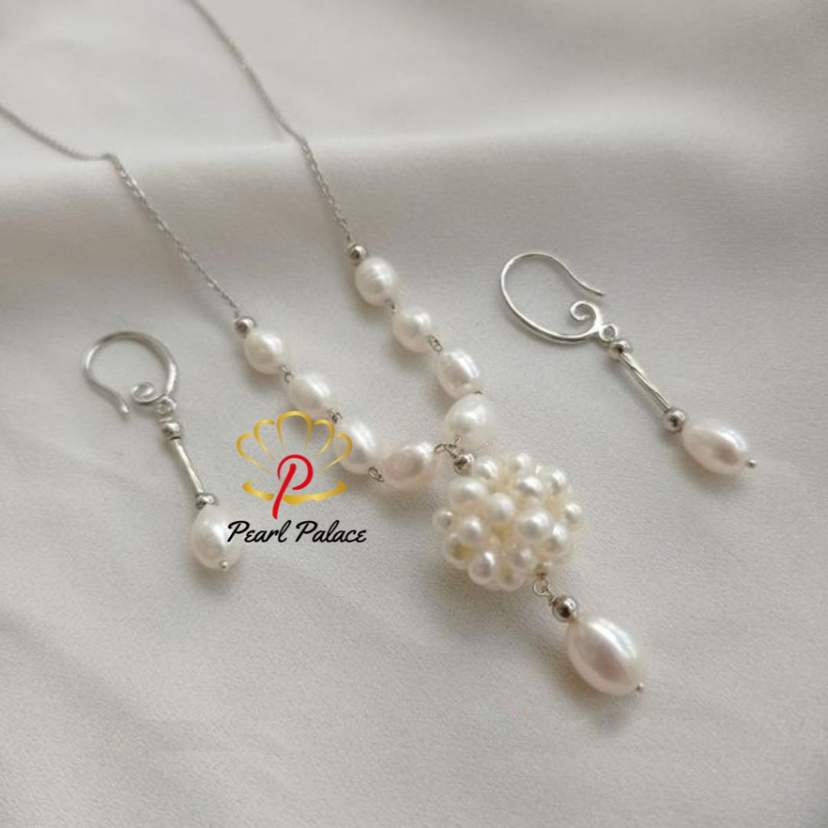 "Bloom Cluster" White Freshwater Pearl Necklace Set. — 2