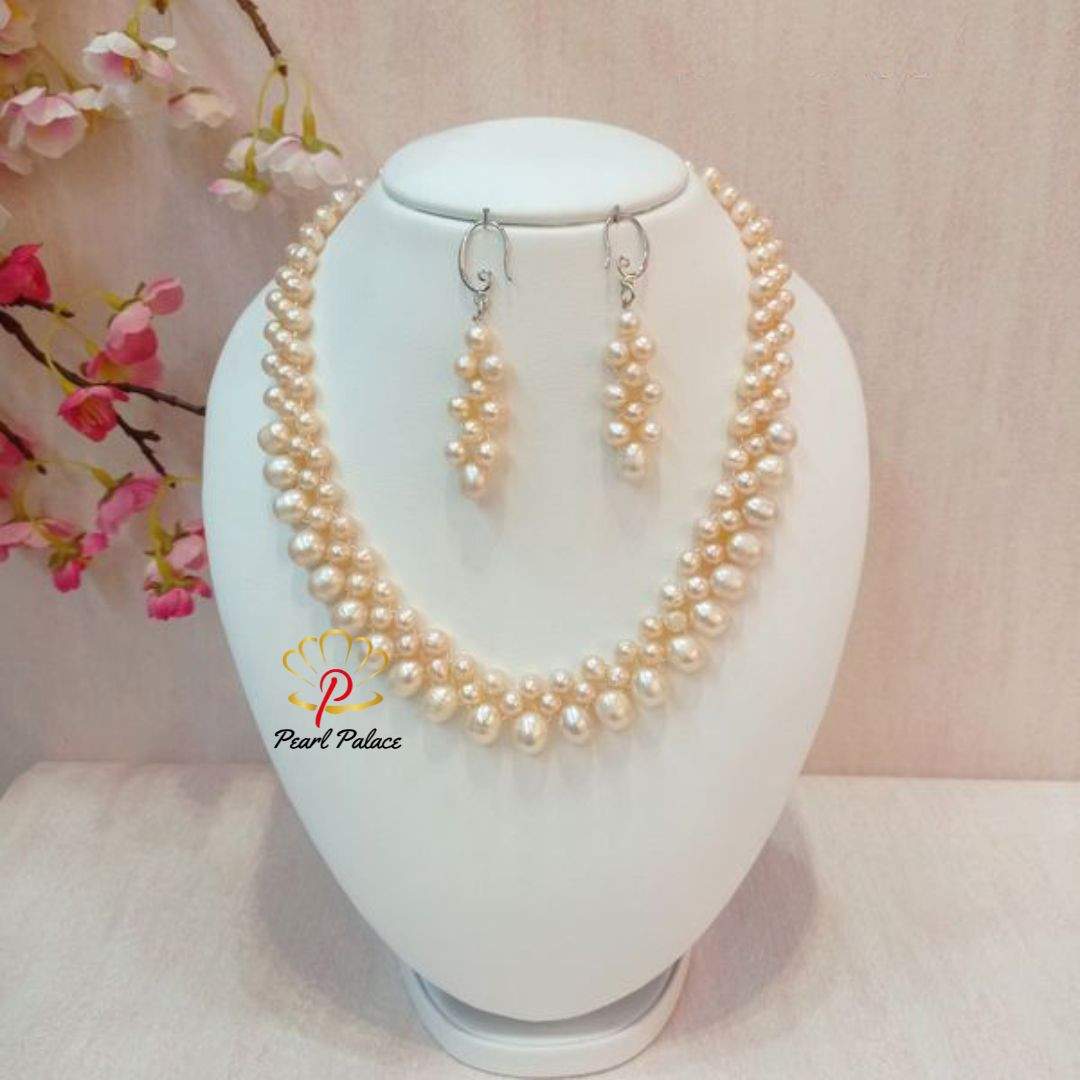 "Blossom Lattice" Pink Freshwater Pearl Necklace Set.