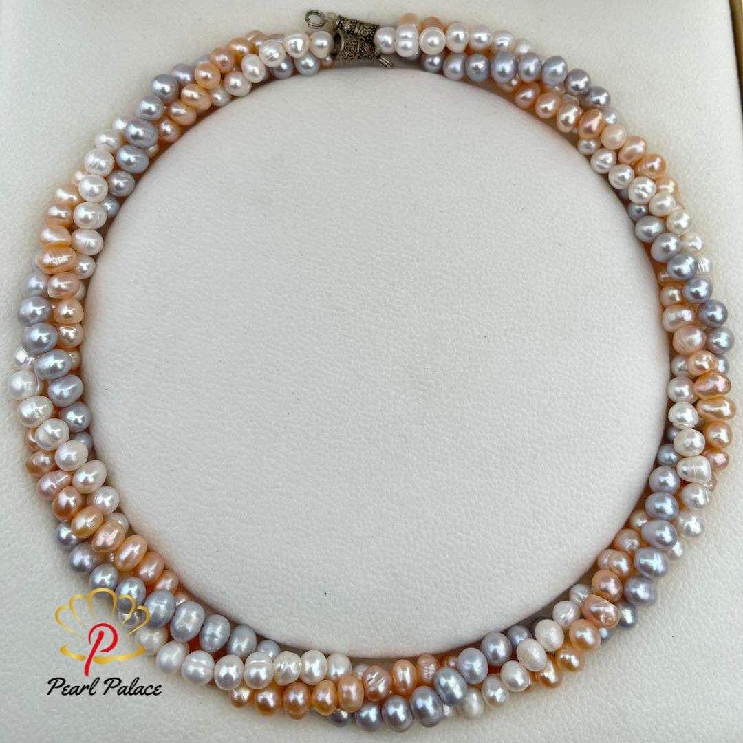 Silvered Sunset_ 3 Layer Pearl Twist Necklace