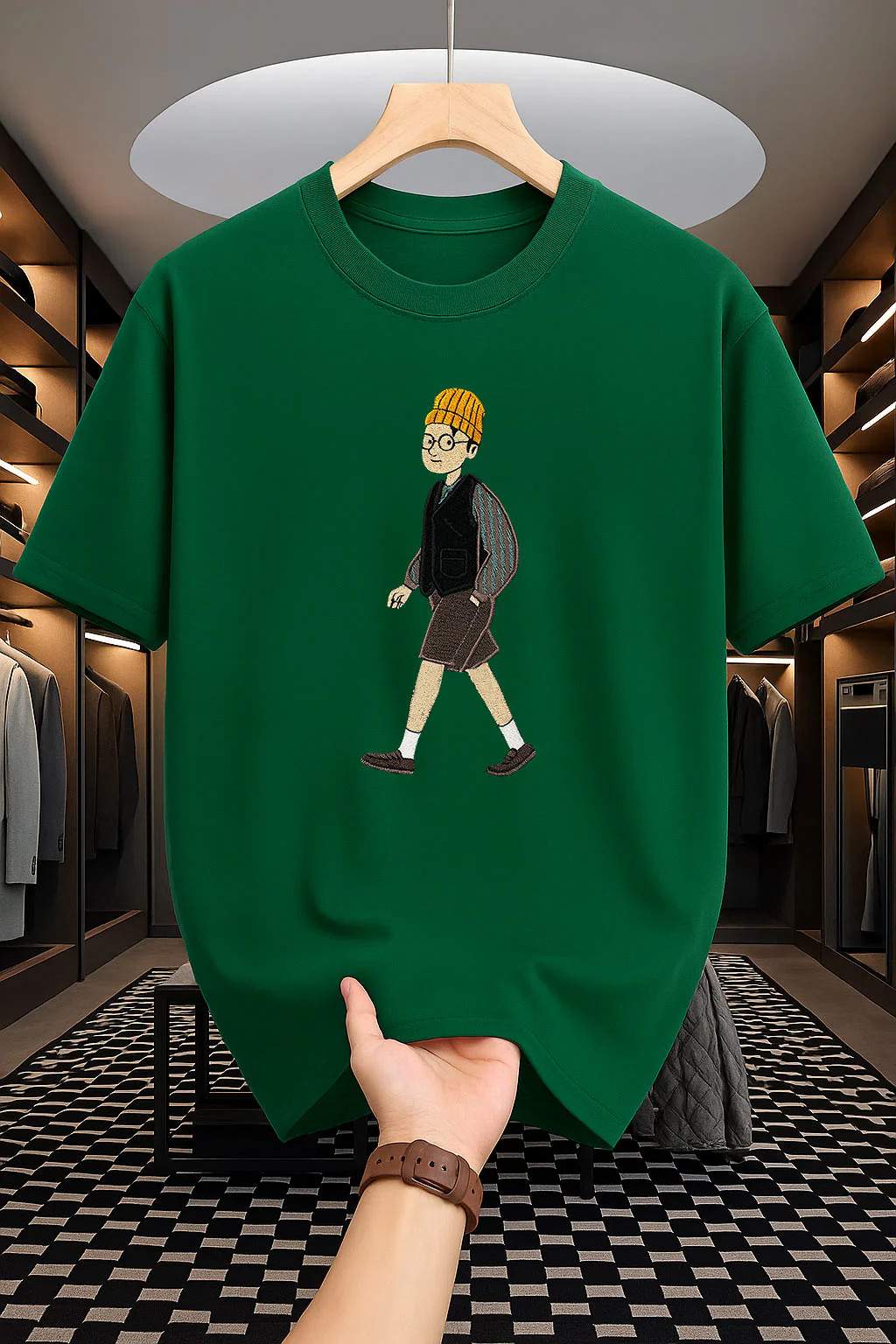 Drop Shoulder Print T-Shirt - Man with Hat Design