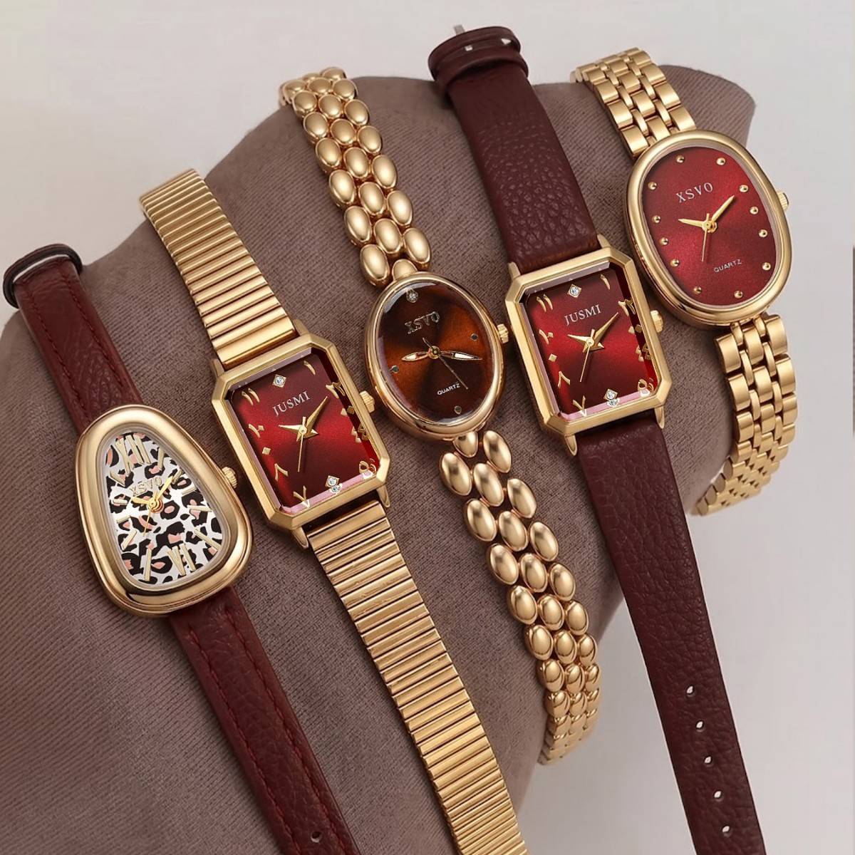 Cross-border bestseller red dial gold watch for women, vintage oval/square women's watch, light luxury niche style