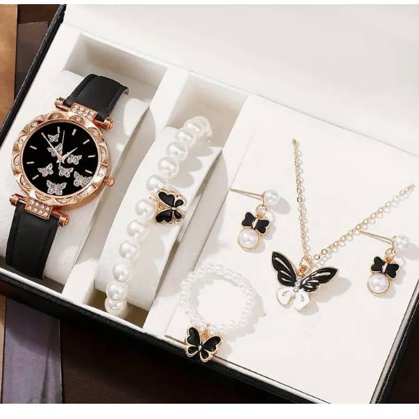 Women's Simple All-match Niche Multi-color Butterfly Belt Quartz Watch Beaded Butterfly Jewelry Set in Stock