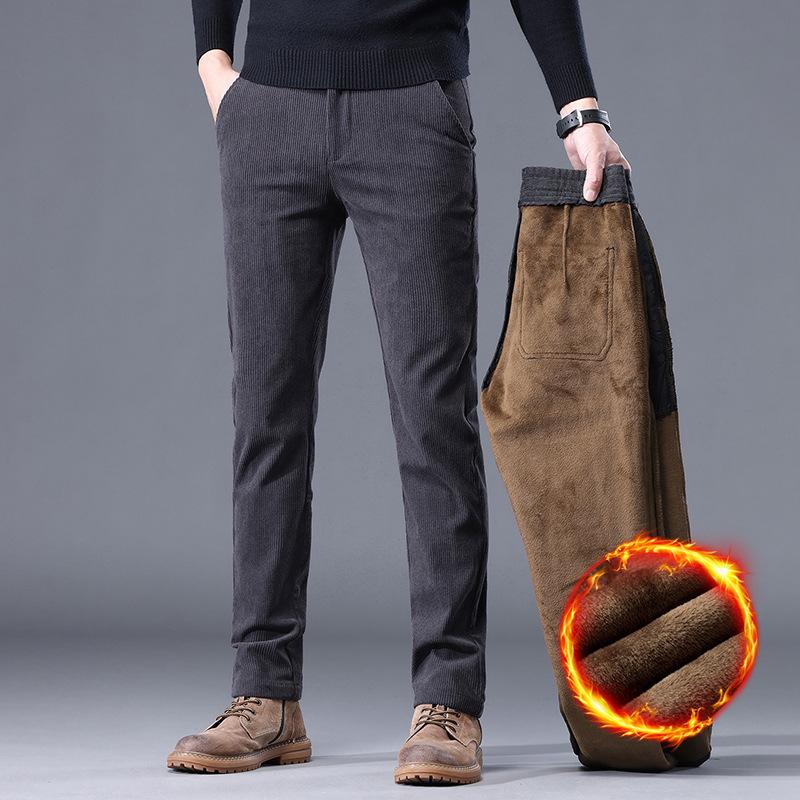 Corduroy fleece-lined casual pants men's business loose straight trousers autumn and winter new winter warm thickened men's pants