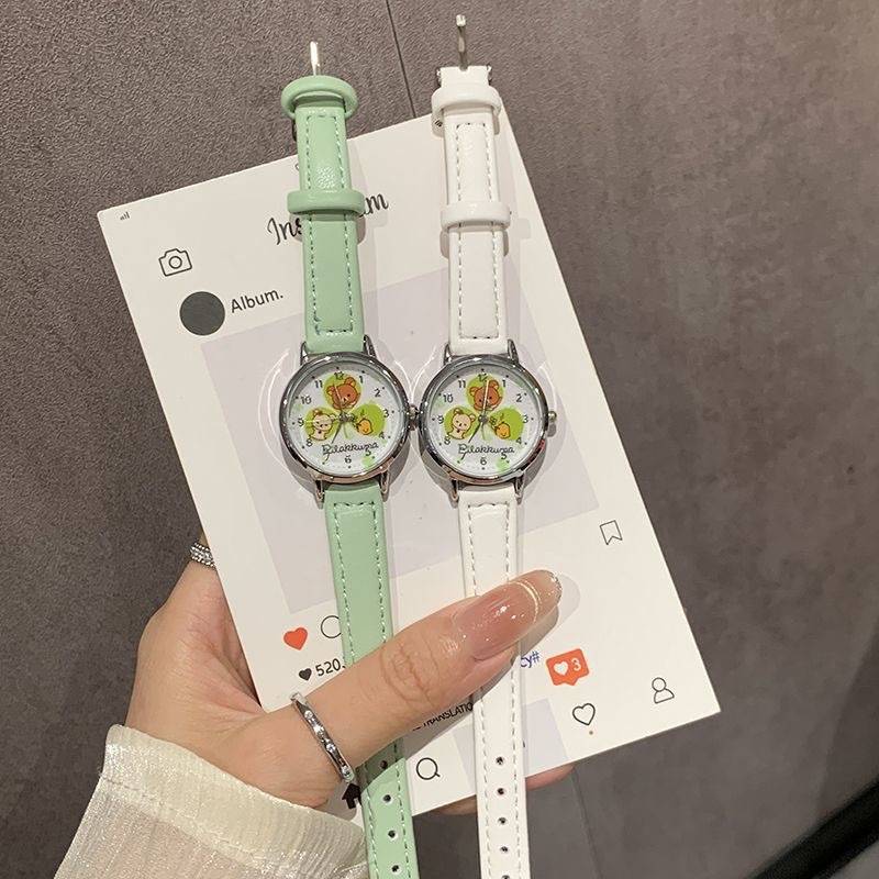 Cartoon Rilakkuma Dial Quartz Watch for Female Students, Small Dial Watch for Middle and High School Students, Exam Good Luck Four-Leaf Clover Gift