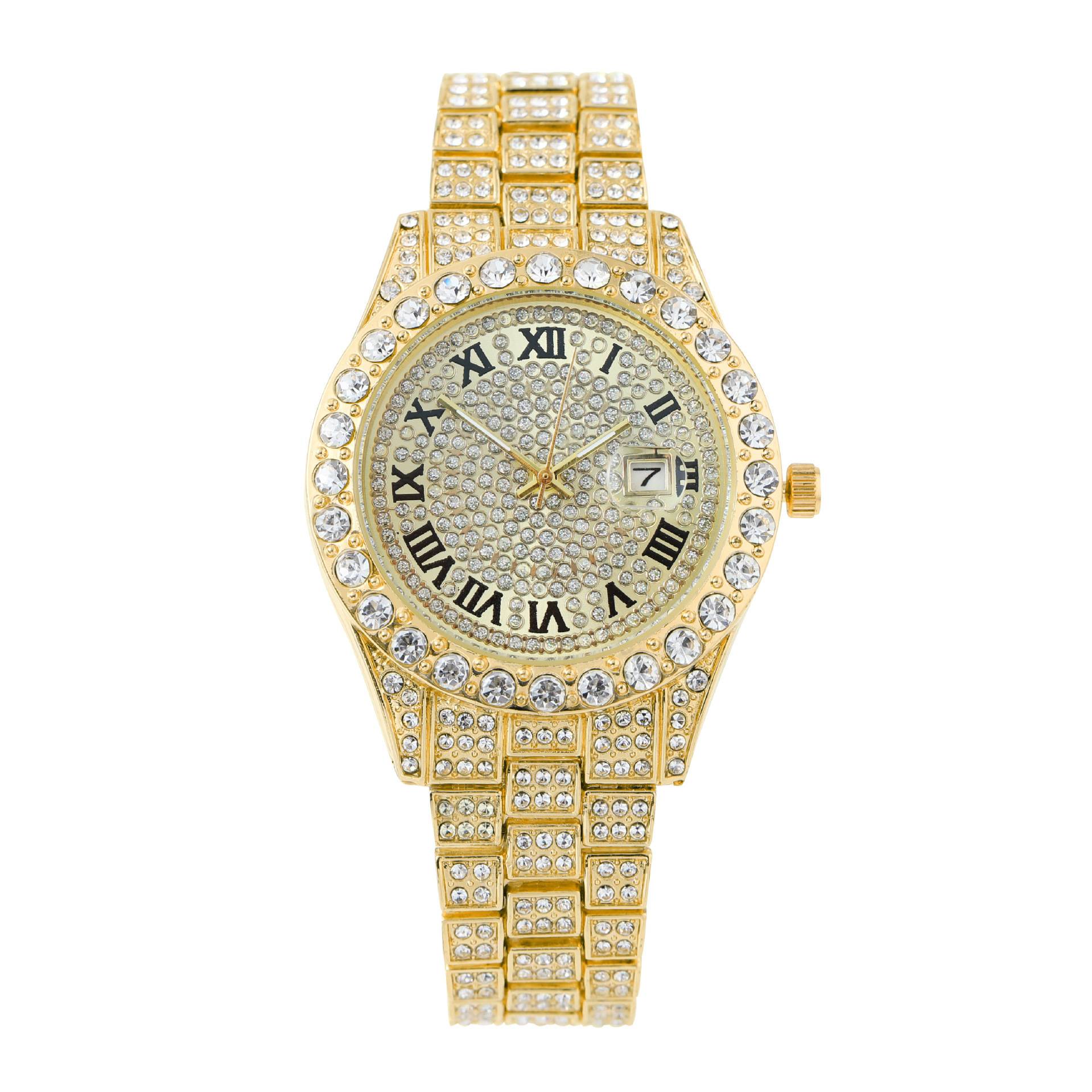 Cross-border foreign trade new starry steel band Diamond hip hop men's watch rhinestone Roman pattern calendar quartz women's watch