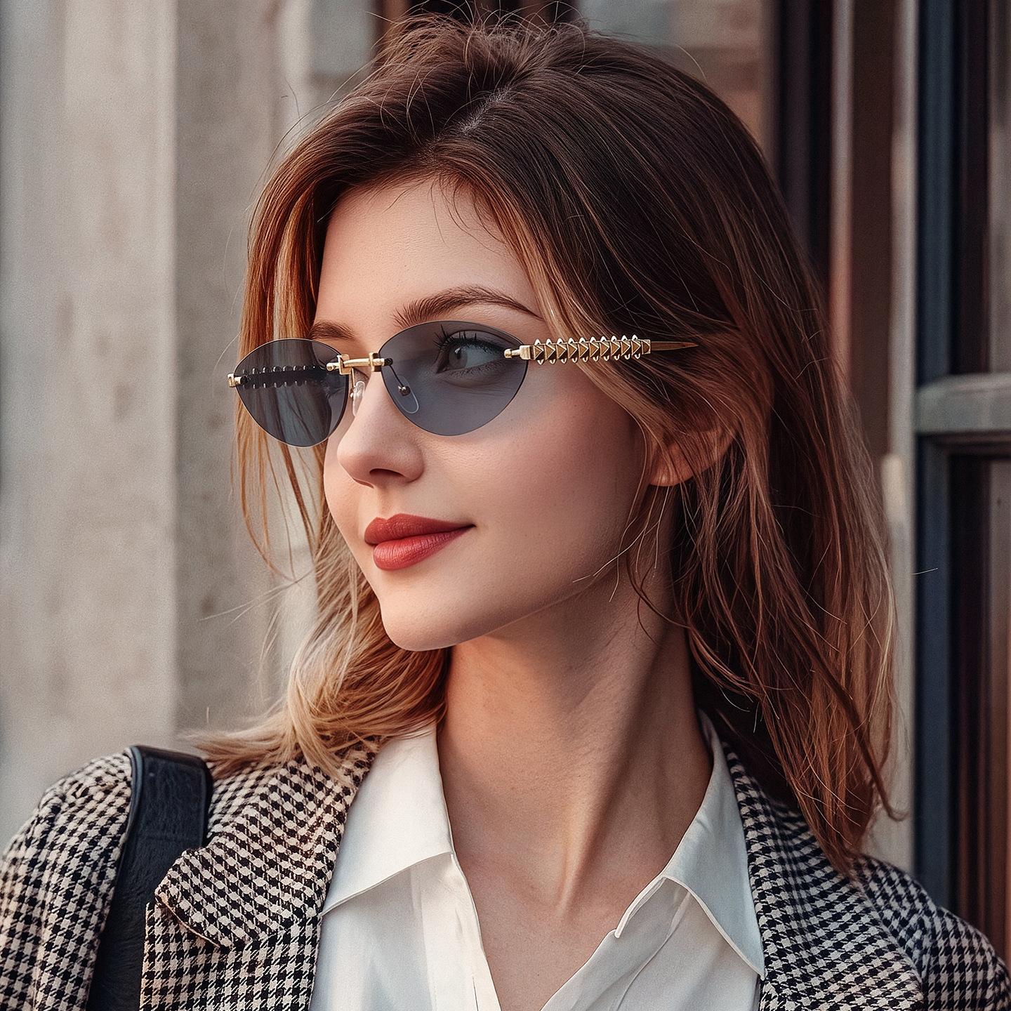 Frameless Cut-Edge Cat-Eye Metal Sunglasses for Women, Light Luxury with Thin Chain Temples, Popular for Influencer Photos, Wholesale Sun Shades