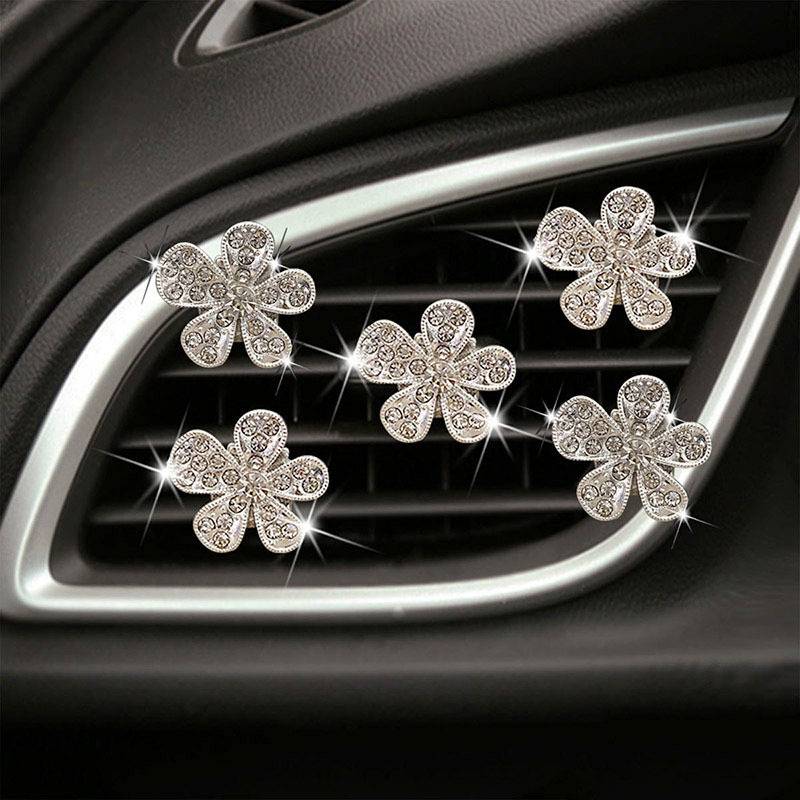 Cross-Border Rhinestone Five-Petal Flower Car Air Vent Decoration Clip Alloy Inlaid Diamond Car Interior Air Vent Ornament Decoration