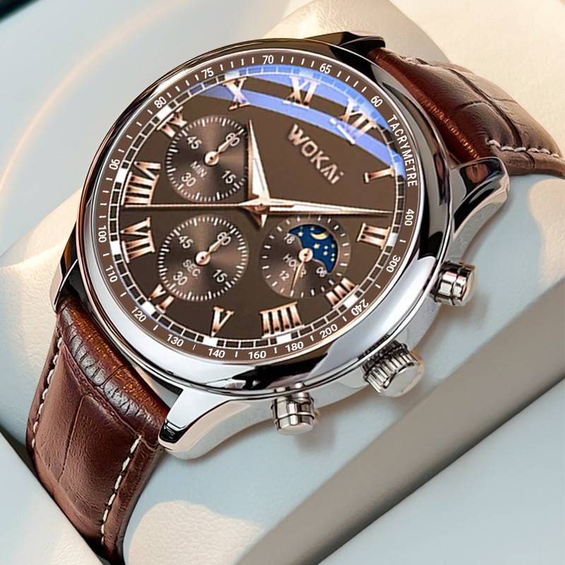Popular Foreign Trade Product Wokai Business Men's Leather Belt Quartz Watch Cross-Border In-Stock Fake Three-Eye Men's Wristwatch Wholesale