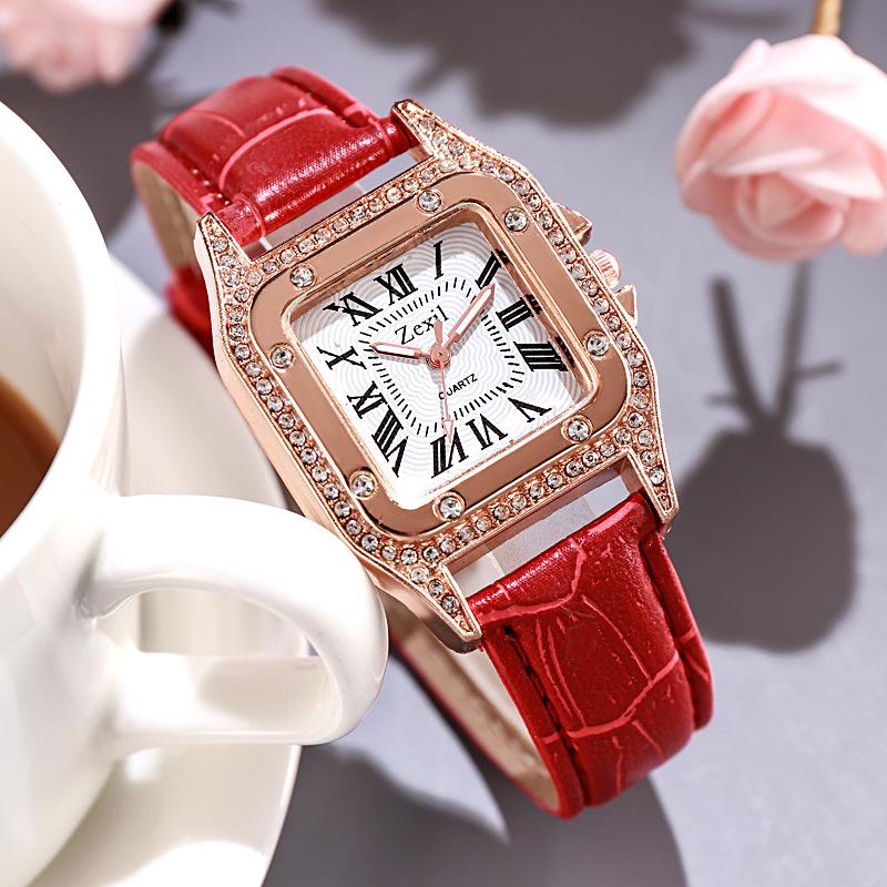 New Style Diamond-Encrusted Square Women's Watch with Roman Numeral Dial, Rose Gold, Light Luxury Leather Strap, Quartz Women's Watch Wholesale