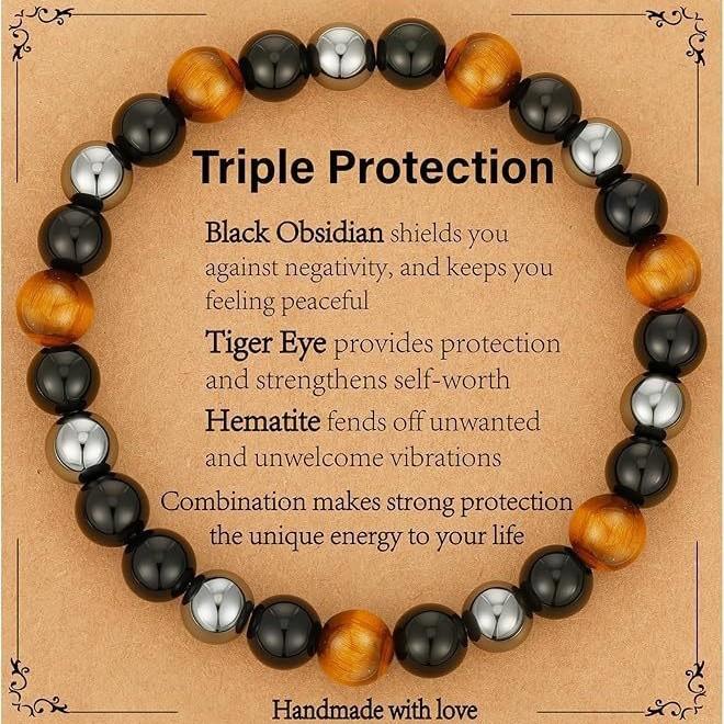 Cross-Border Popular Obsidian Magnet Tiger Eye Flat Knot Braided Adjustable Bracelet Tiger Eye Stone Triple Protection Bracelet for Women