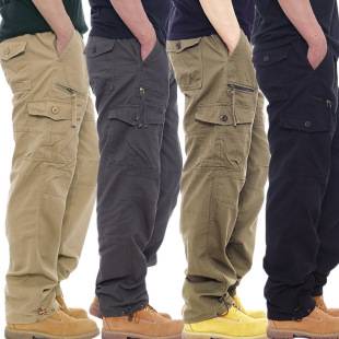 Men's Casual Cotton Work Pants with Elastic Waist, Large Size, Multi-Pocket, Loose Fit, Long Pants for Construction Site