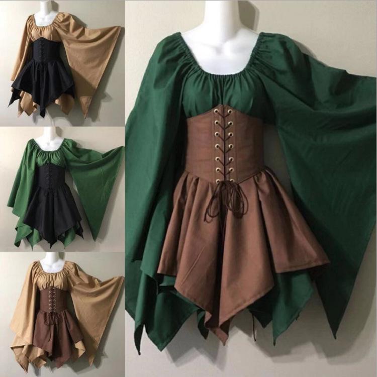 Cross-border wish New party European and American women's long sleeve Renaissance medieval bell sleeve dress