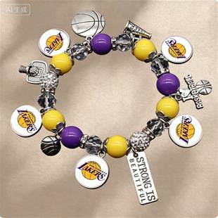 Factory NBA team logo bracelet, fashionable basketball fan accessory, Lakers and 76ers team fan accessory, elastic beaded bracelet jewelry