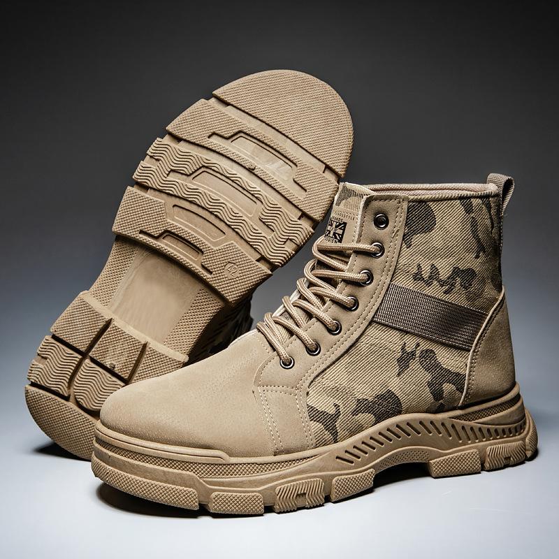 Men's Autumn and Winter Thickened High-Top Martin Boots, Canvas, Warm, Lace-Up, Retro Camouflage Style, Work Safety Shoes for Men