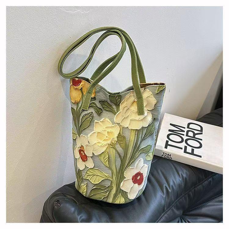 Oxford Cloth Three-Dimensional Bucket Bag for Summer Outings, Handbag with Factory Oil Painting Floral Design, Versatile Large-Capacity Shoulder Bag
