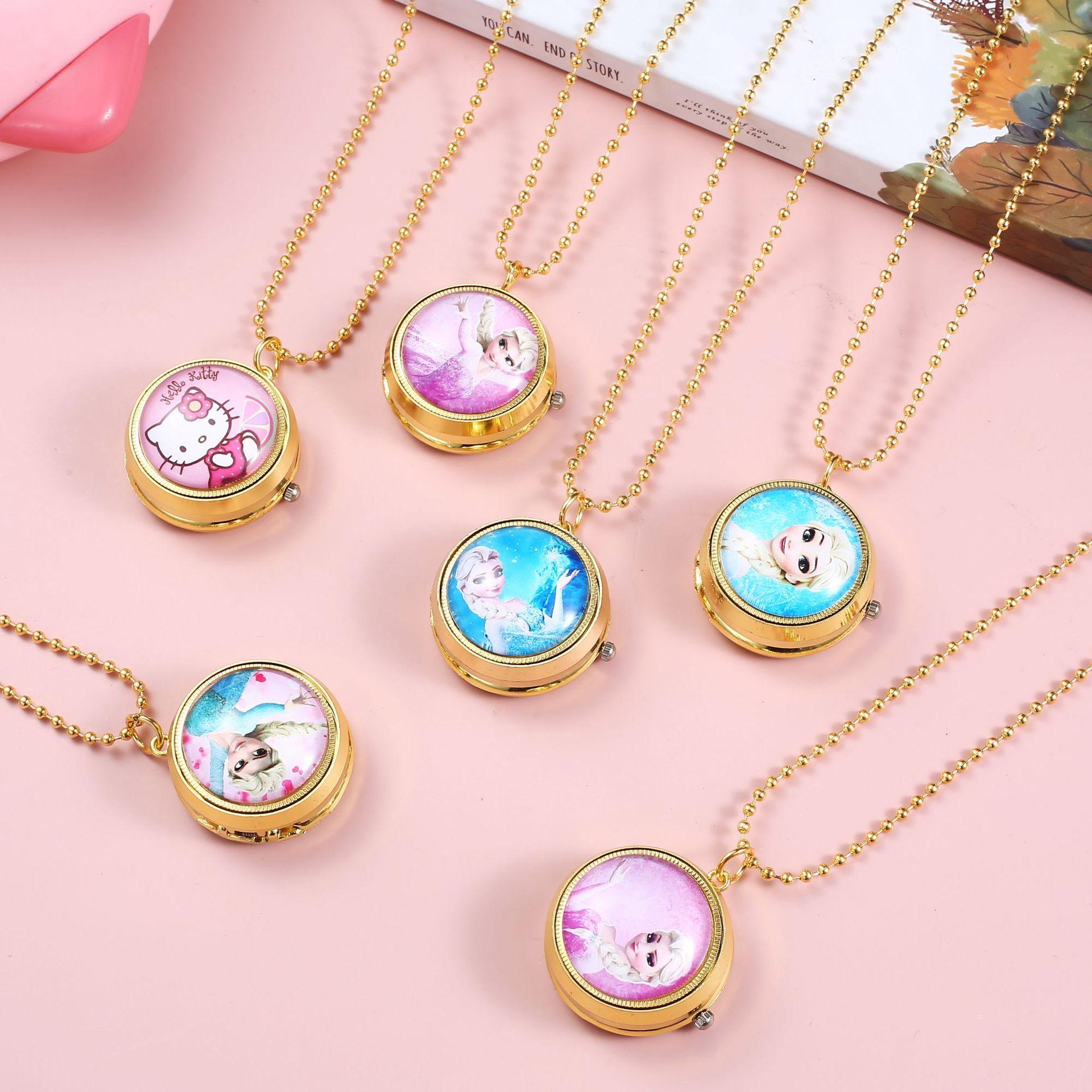 Cartoon Flip Cover Children's Pocket Watch Necklace KT Cat Frozen Rotating Quartz Watch Cute Gift for Girls