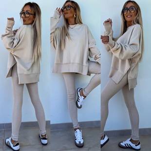 2026 Amazon New Foreign Trade Spring Women's Clothing European and American Casual Tight-Fitting Pants Loose Sweatshirt Set Two-Piece Set