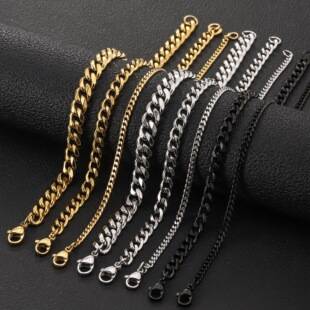 Stainless Steel Six-Sided Polished Bracelet, Cross-Border Hot-Selling Men's Fashion Simple Cuban Bracelet, 18K Gold-Plated Titanium Steel Bracelet