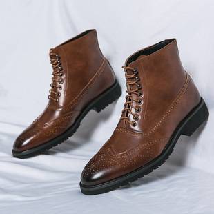 Cross-border plus-size 2026 men's distressed high-top leather shoes, size 46 men's boots, new autumn and winter brogue leather boots, men's lace-up shoes