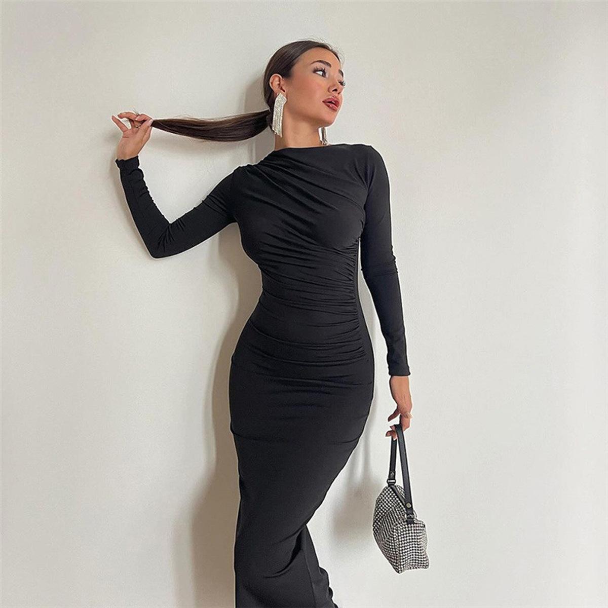 New European and American Style Amazon Cross-Border Slim-Fit Back Zipper High-End Solid Color Elegant Long Bodycon Dress