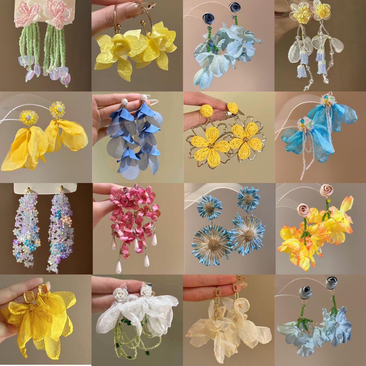 Silver Needle Fabric Flower Pendant Earrings Summer Seaside Resort Style Earrings Forest Style Fresh and Sweet Earrings for Women Wholesale