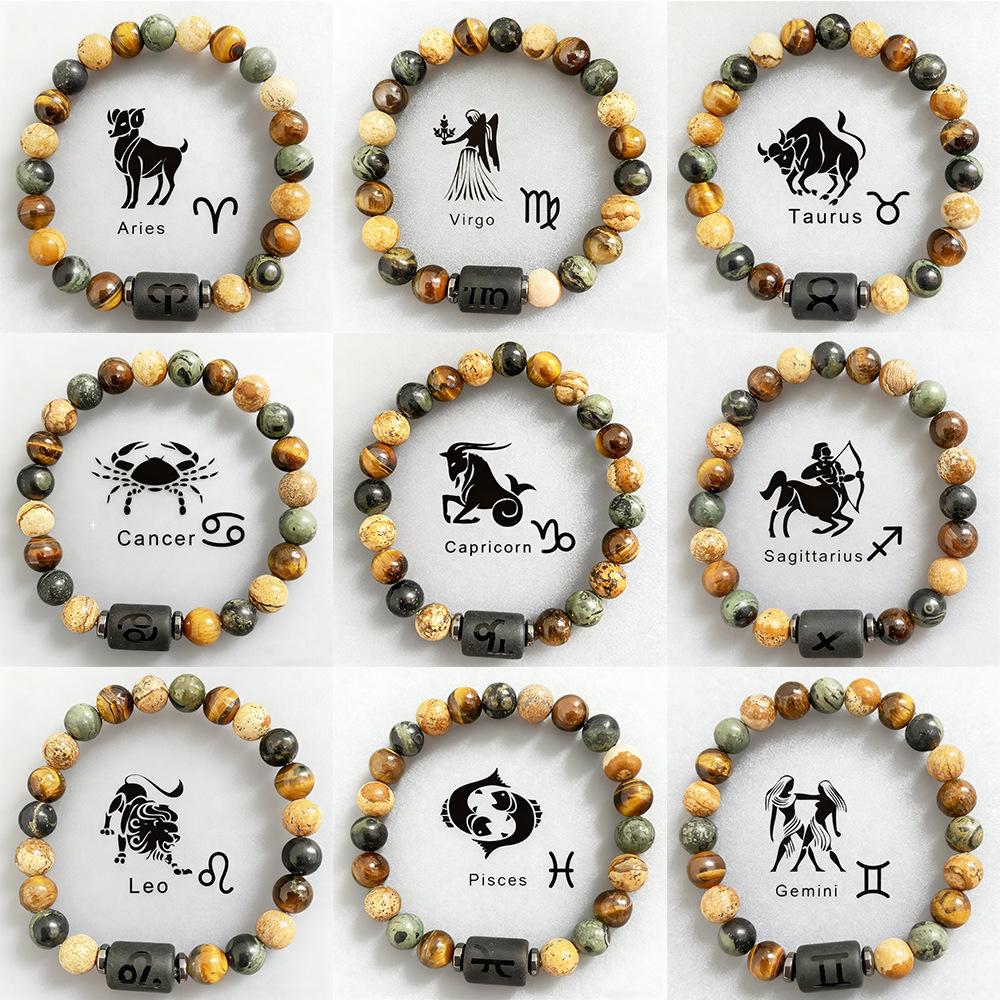 European and American Cross-Border Best-Selling Twelve Zodiac Natural Stone Beaded Couple-Style Tiger Eye Stone Picture Stone Bracelet Jewelry Wholesale