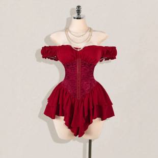 Jacquard Patchwork Pleated Ruffle Off-Shoulder Multi-Layered Ruffle Hem A-Line Chiffon Mini Dress 1169 #