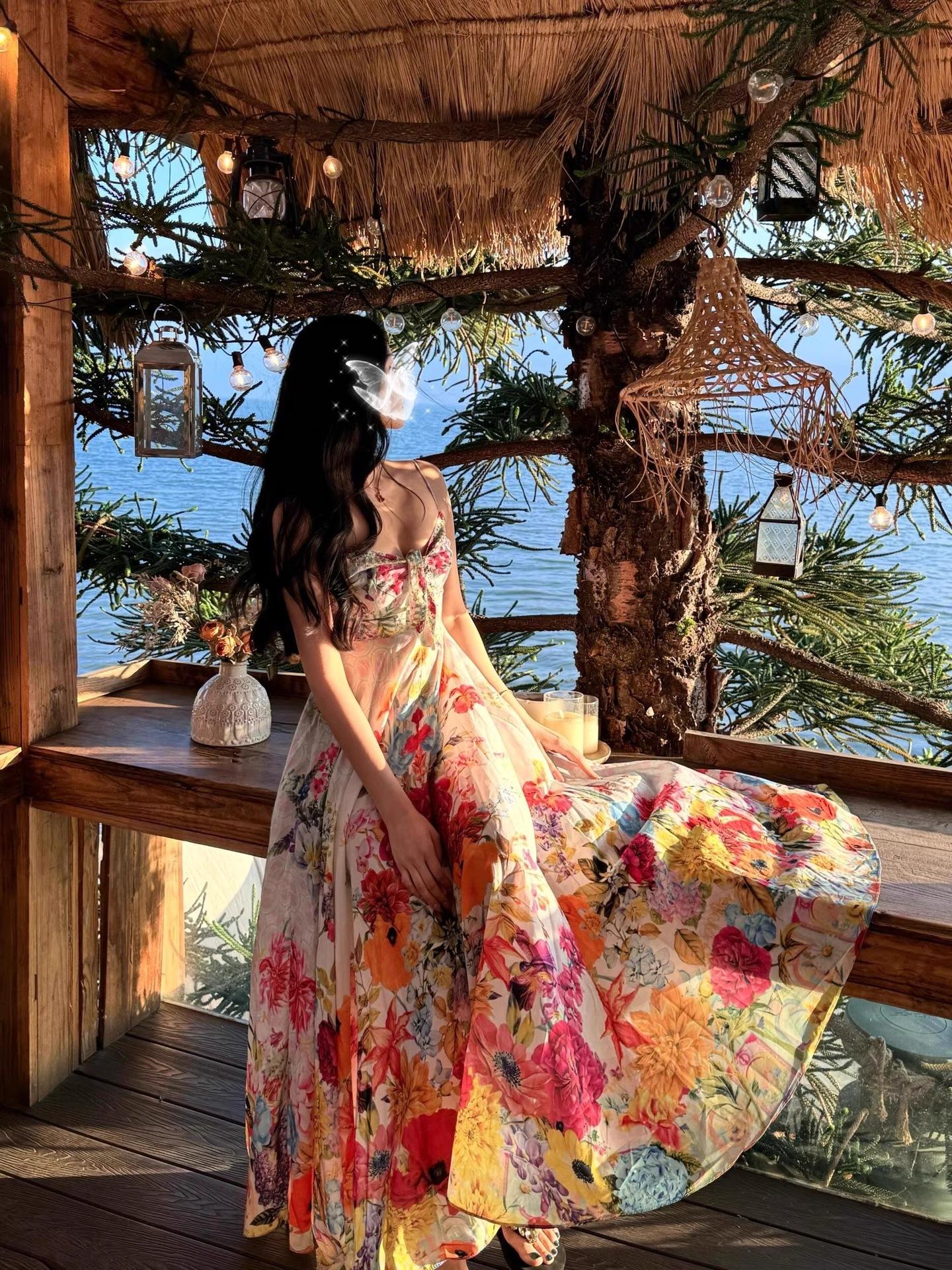 Maldives and Thailand travel outfits, Sanya seaside vacation beach dress, summer floral print suspender dress for women