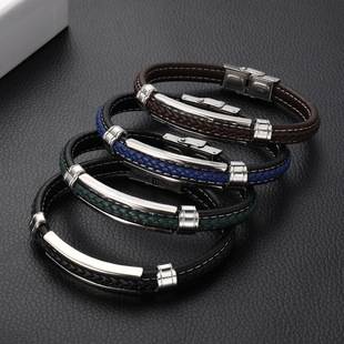 Cross-Border New Style Men's Bracelet, Imitation Leather Stainless Steel Bracelet, Trendy and Fashionable, Can Be Engraved, Direct from the Source Factory