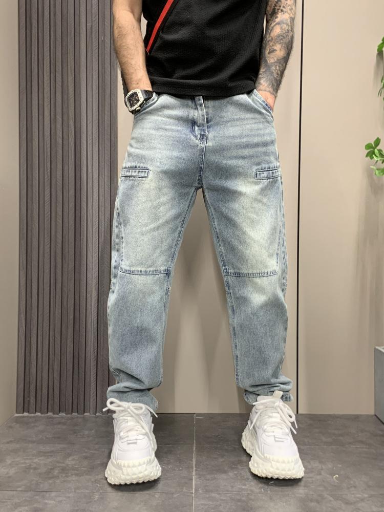 High-End Retro Nine-Point Jeans for Men with Holes, Loose Straight American Style Distressed Casual Long Pants for Men, New Summer Style