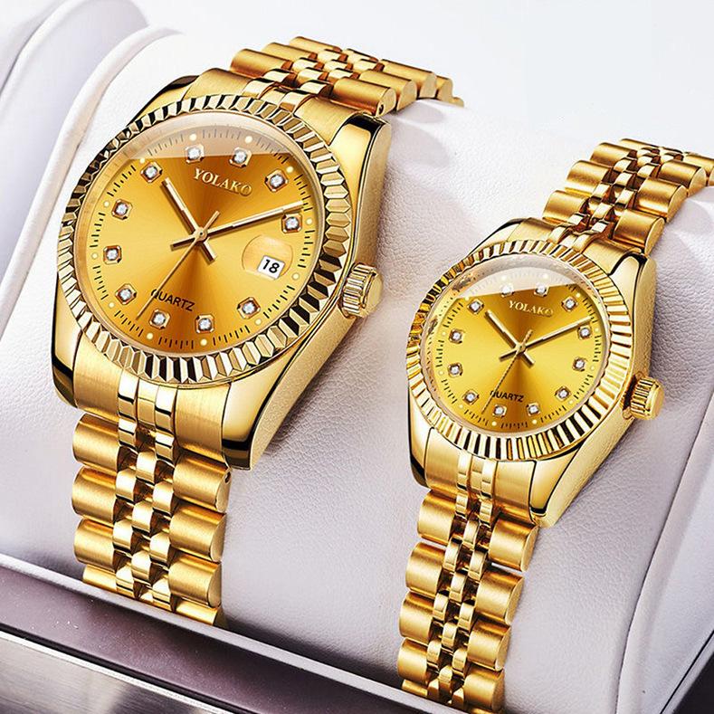 Quartz Gold Set Men's Watch with Diamond Face, Steel Band, Calendar Watch for Women, Simple Casual Student Fashion Couple's Watch